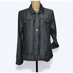 Tahari Lightweight Jacket Shacket Sz L Shiny Black Lyocell Quiet Luxury Casual‎